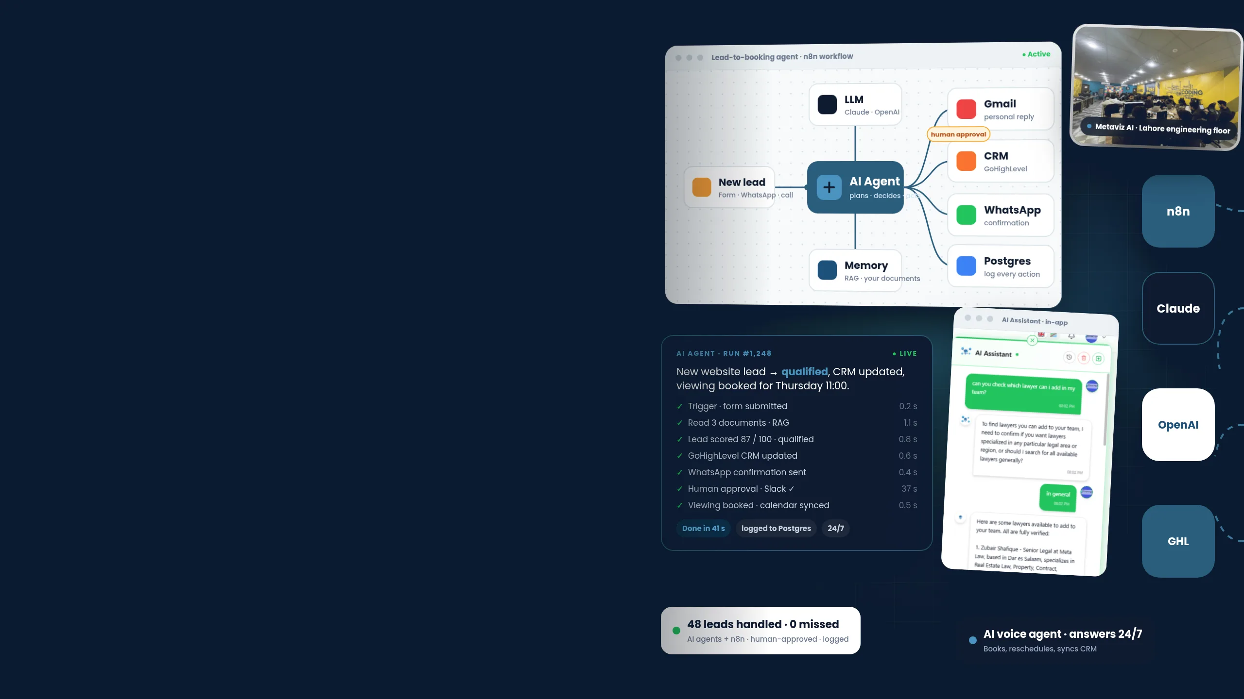 Lead-to-booking AI agent: n8n workflow, live agent run log, in-app AI assistant and voice agent