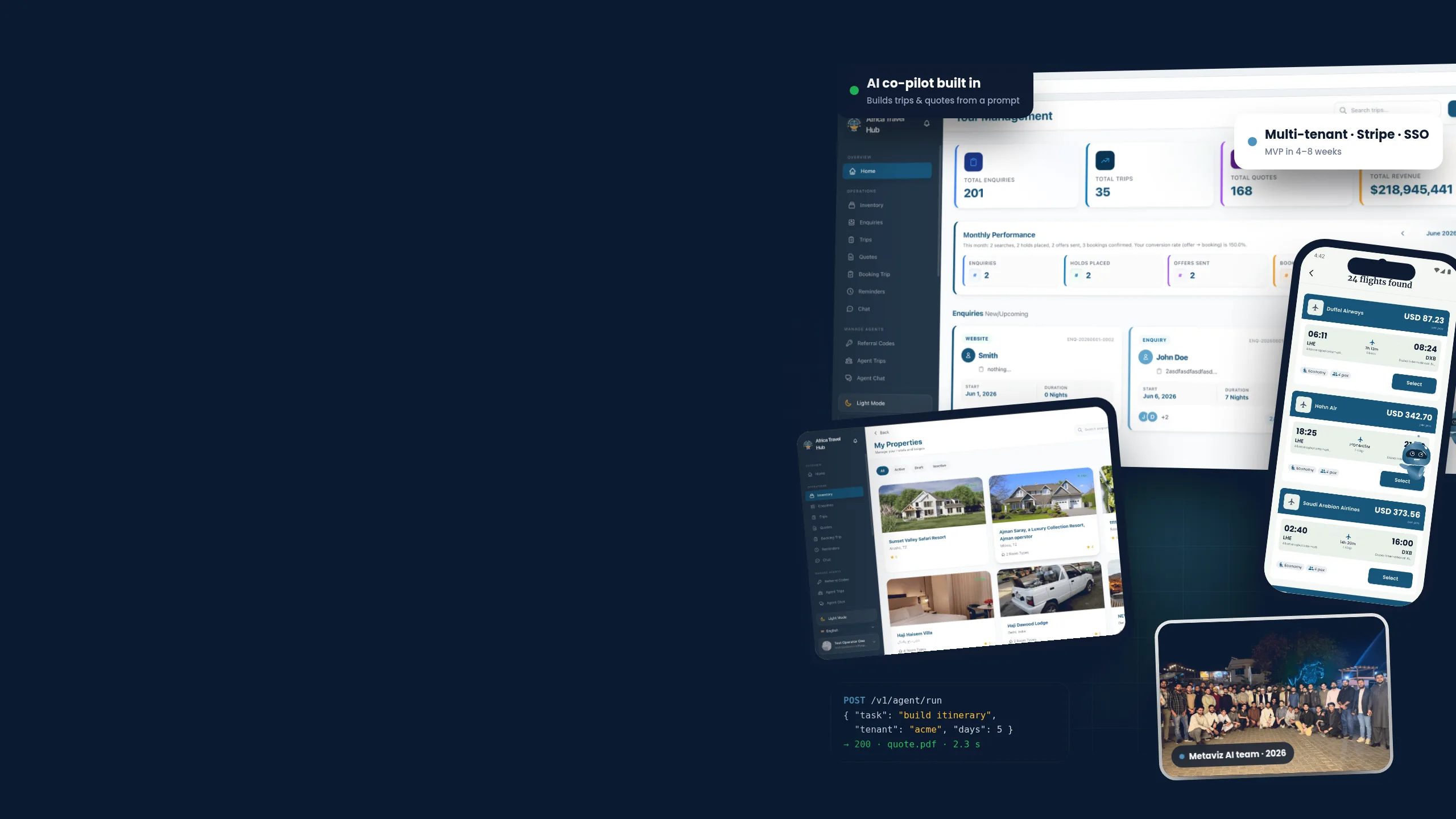 Multi-tenant SaaS dashboard with an AI co-pilot, property listings and a mobile booking app