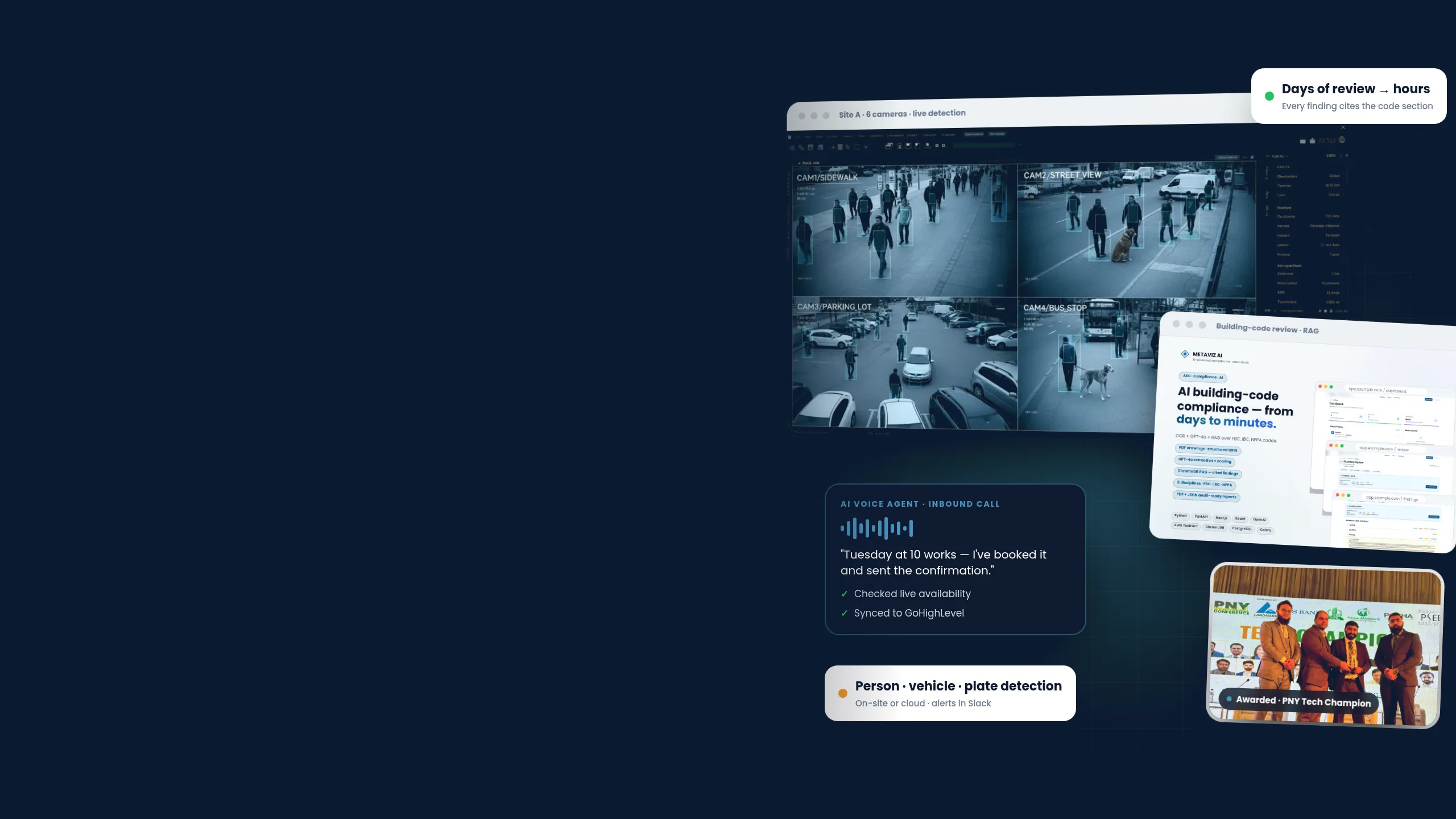 Live multi-camera detection, an AI voice agent call log and building-code compliance review