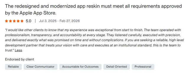 Upwork client review – 5 stars – Mobile apps