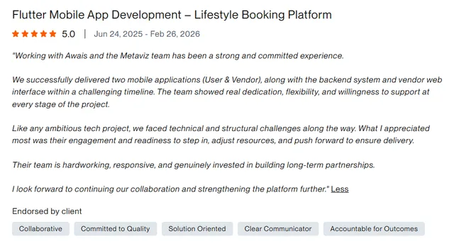 Upwork client review – 5 stars – Mobile apps