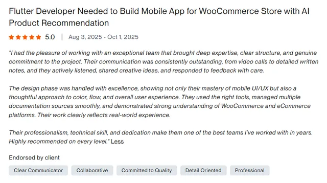 Upwork client review – 5 stars – Mobile apps