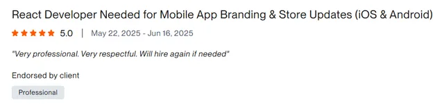 Upwork client review – 5 stars – Mobile apps
