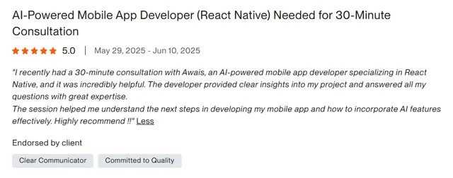 Upwork client review – 5 stars – Mobile apps