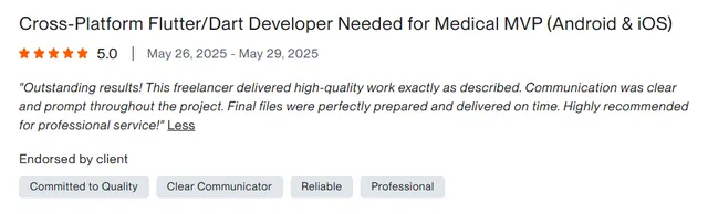 Upwork client review – 5 stars – Mobile apps