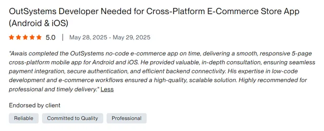 Upwork client review – 5 stars – Mobile apps