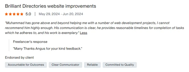 Upwork client review – 5 stars – Web & platforms