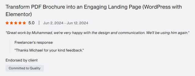 Upwork client review – 5 stars – Web & platforms