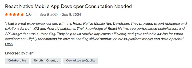 Upwork client review – 5 stars – Mobile apps