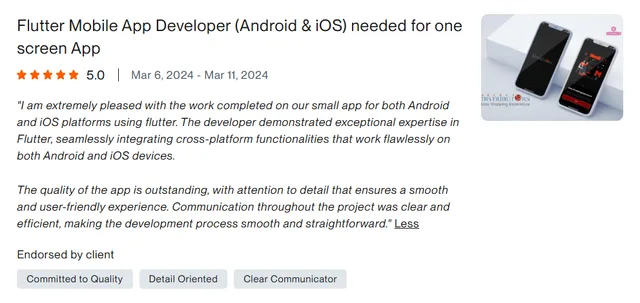 Upwork client review – 5 stars – Mobile apps