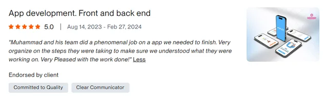 Upwork client review – 5 stars – Mobile apps