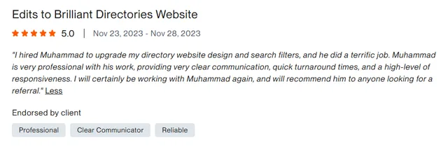 Upwork client review – 5 stars – Web & platforms