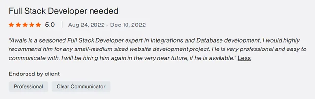 Upwork client review – 5 stars – Web & platforms