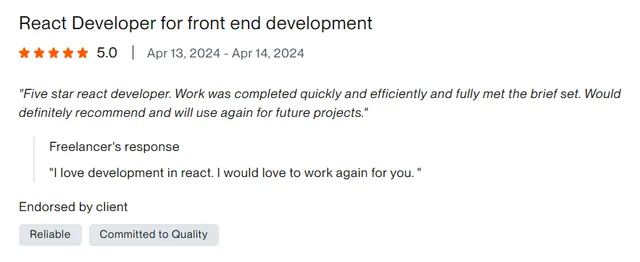 Upwork client review – 5 stars – Web & platforms