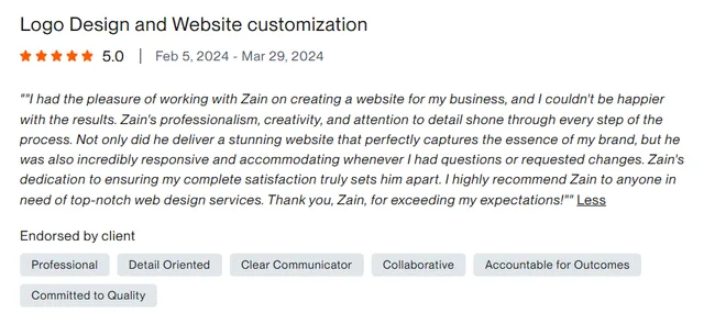 Upwork client review – 5 stars – Web & platforms