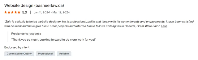 Upwork client review – 5 stars – Web & platforms