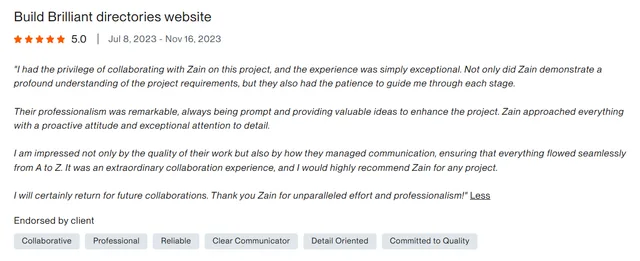 Upwork client review – 5 stars – Web & platforms