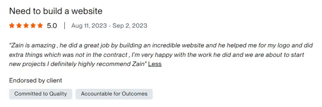 Upwork client review – 5 stars – Web & platforms