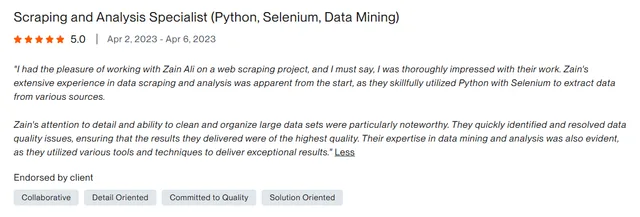 Upwork client review – 5 stars – AI & automation
