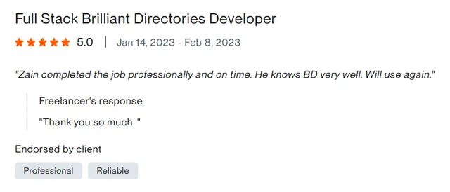 Upwork client review – 5 stars – Web & platforms