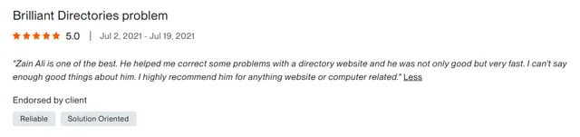 Upwork client review – 5 stars – Web & platforms