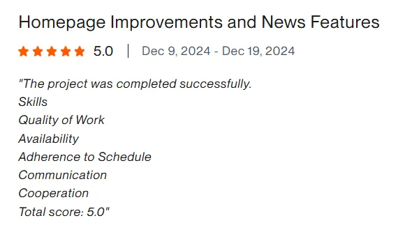 Upwork client review – 5 stars – Web & platforms