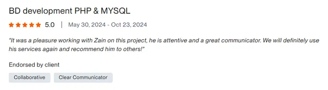 Upwork client review – 5 stars – Web & platforms