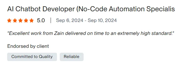 Upwork client review – 5 stars – AI & automation