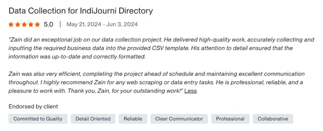 Upwork client review – 5 stars – AI & automation