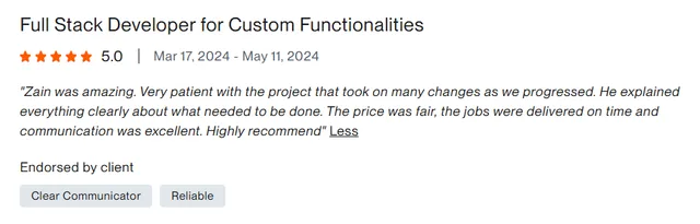 Upwork client review – 5 stars – Web & platforms